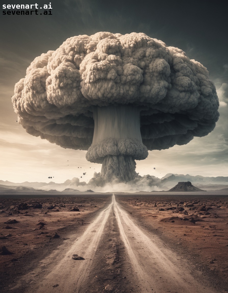 surreal, haunting, nuclear explosion, barren landscape, devastation, nuclear weapon, atomic bomb