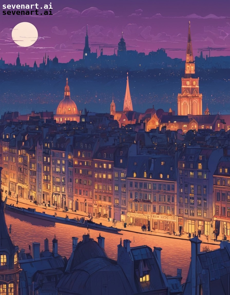 art nouveau, poster, city skyline, dusk, glamour, europe