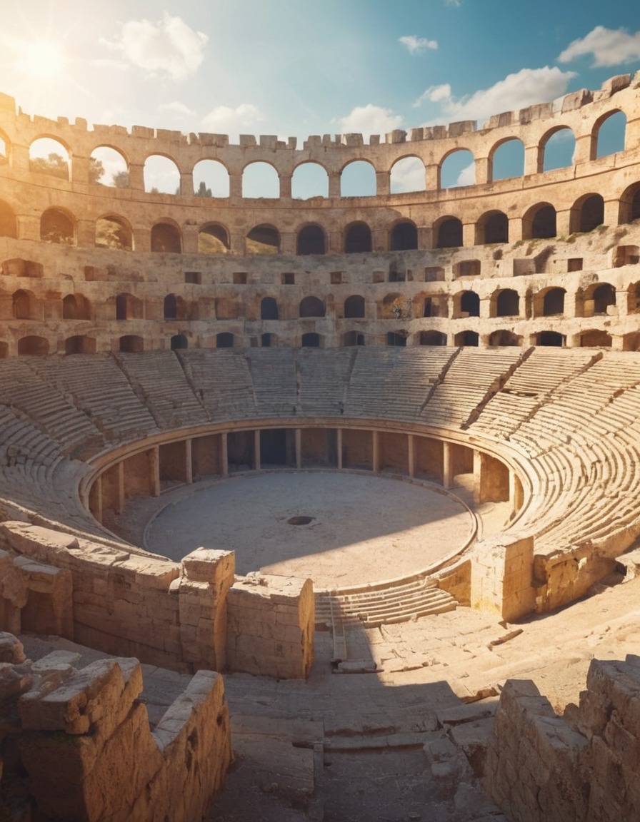 ancient ruins, roman, amphitheater, sunlight, historical site