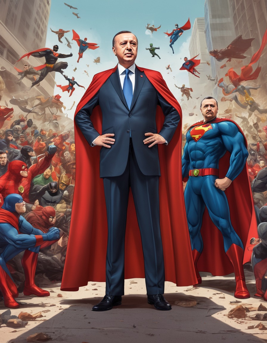 recep tayyip erdoğan, superhero, cape, political cartoon, mockery, politics, fun