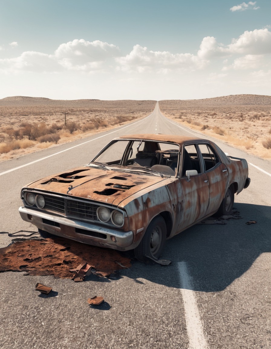 rusted, broken-down car, deserted, highway, abandoned, fallout, games, tv shows, amazon prime