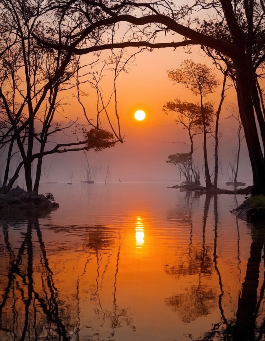 nature, trees, sunsets, reflections, peace and quiet, serenity, orange, orange gray