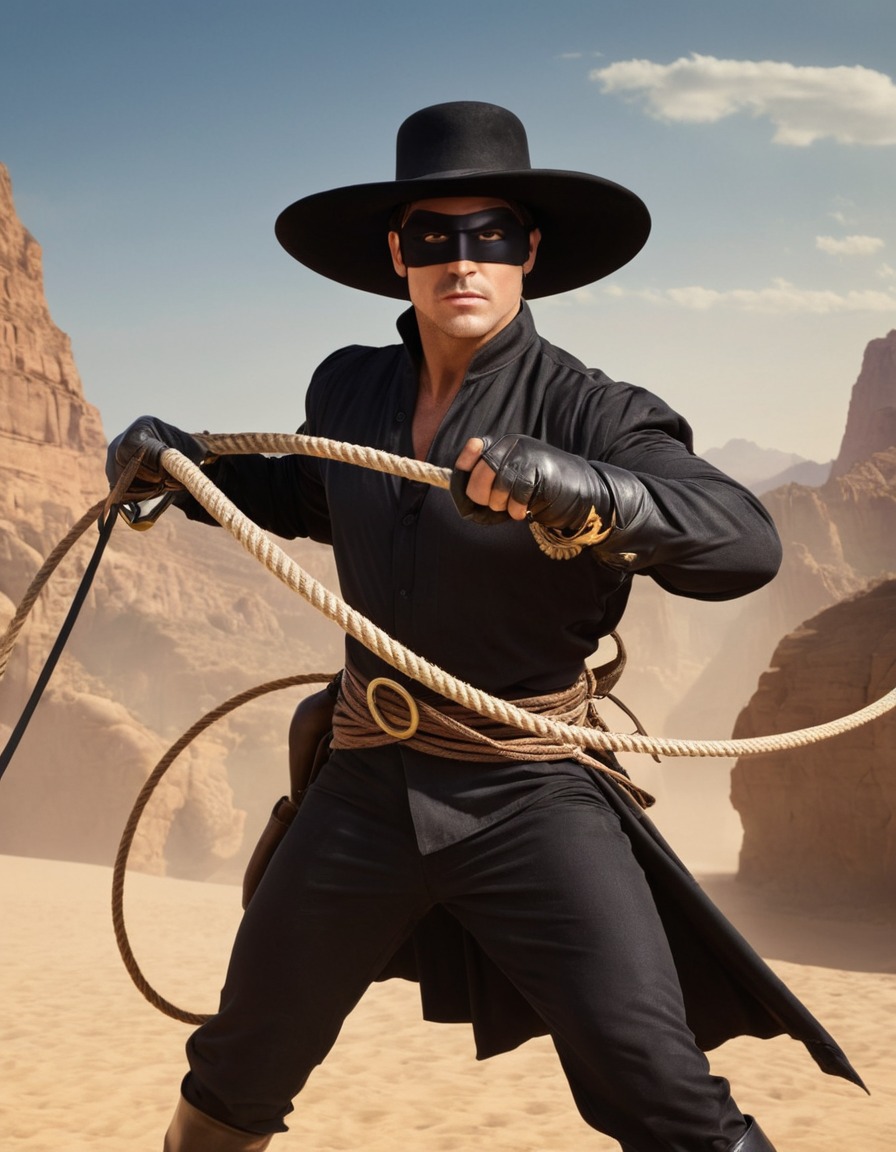 Zorro struggling to untangle himself from a comically oversized lasso ...