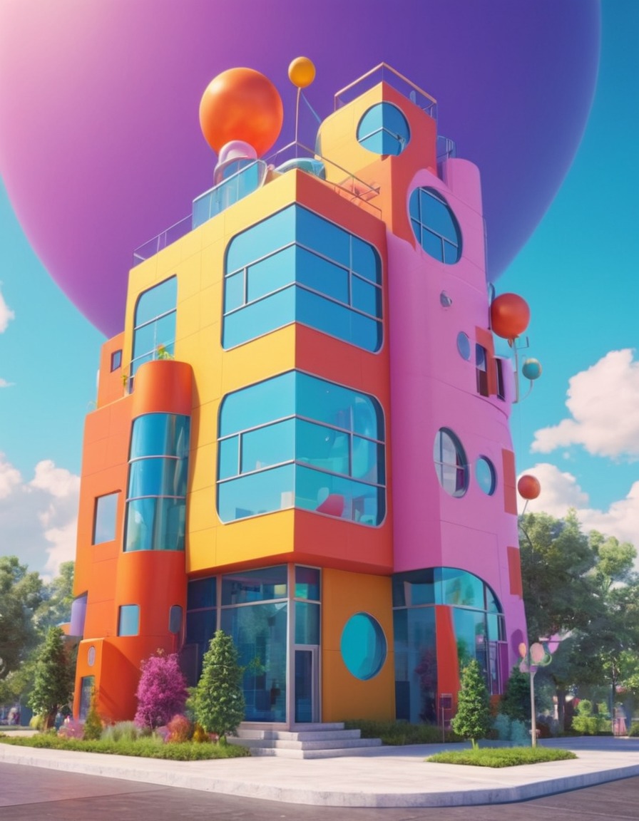 postmodern architecture, whimsical, bright colors, geometric shapes, architecture