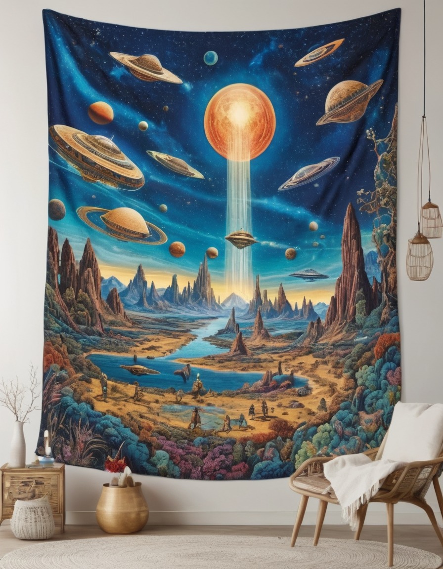 space travel, futuristic, tapestry, alien encounters, medieval inspired, medieval, art