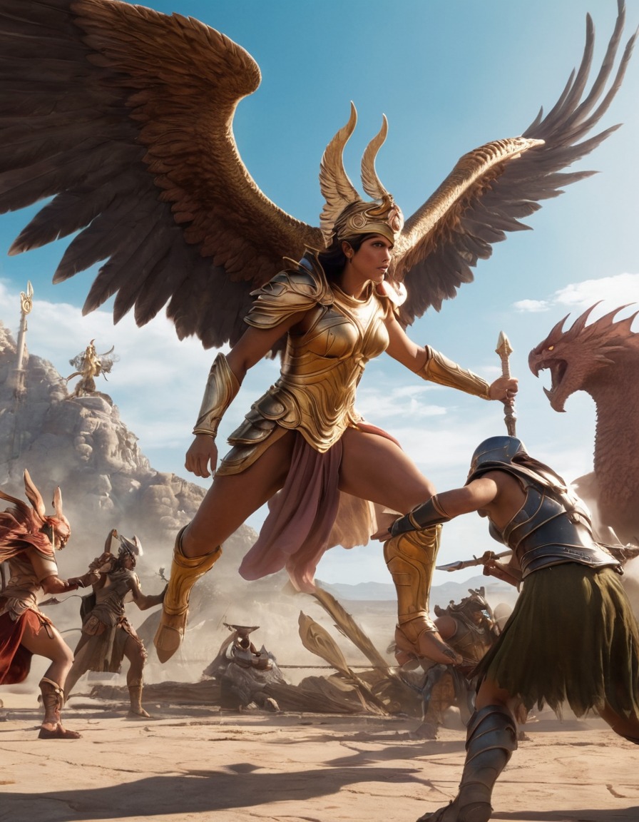 athena, greek mythology, fight scene, monsters, battle, warrior, goddess