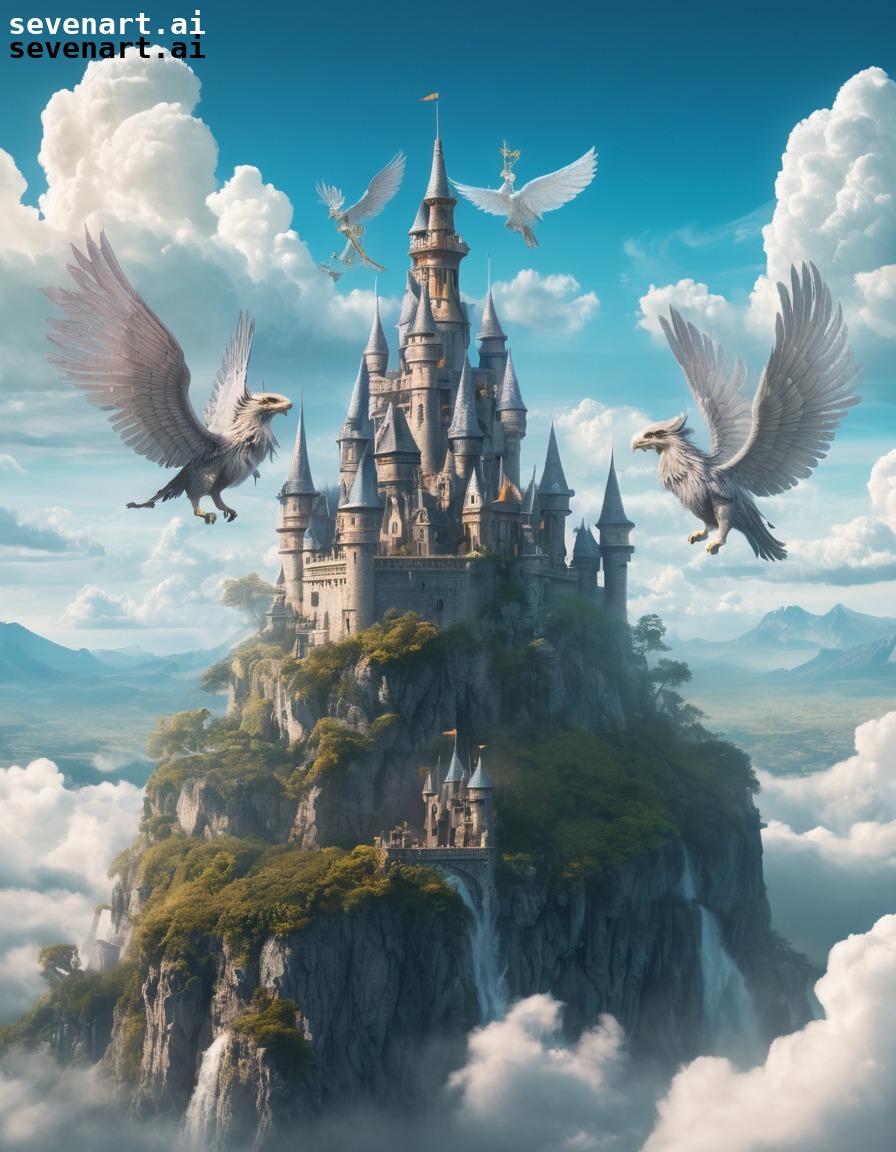 fantasy, castle, clouds, griffins, enchantment