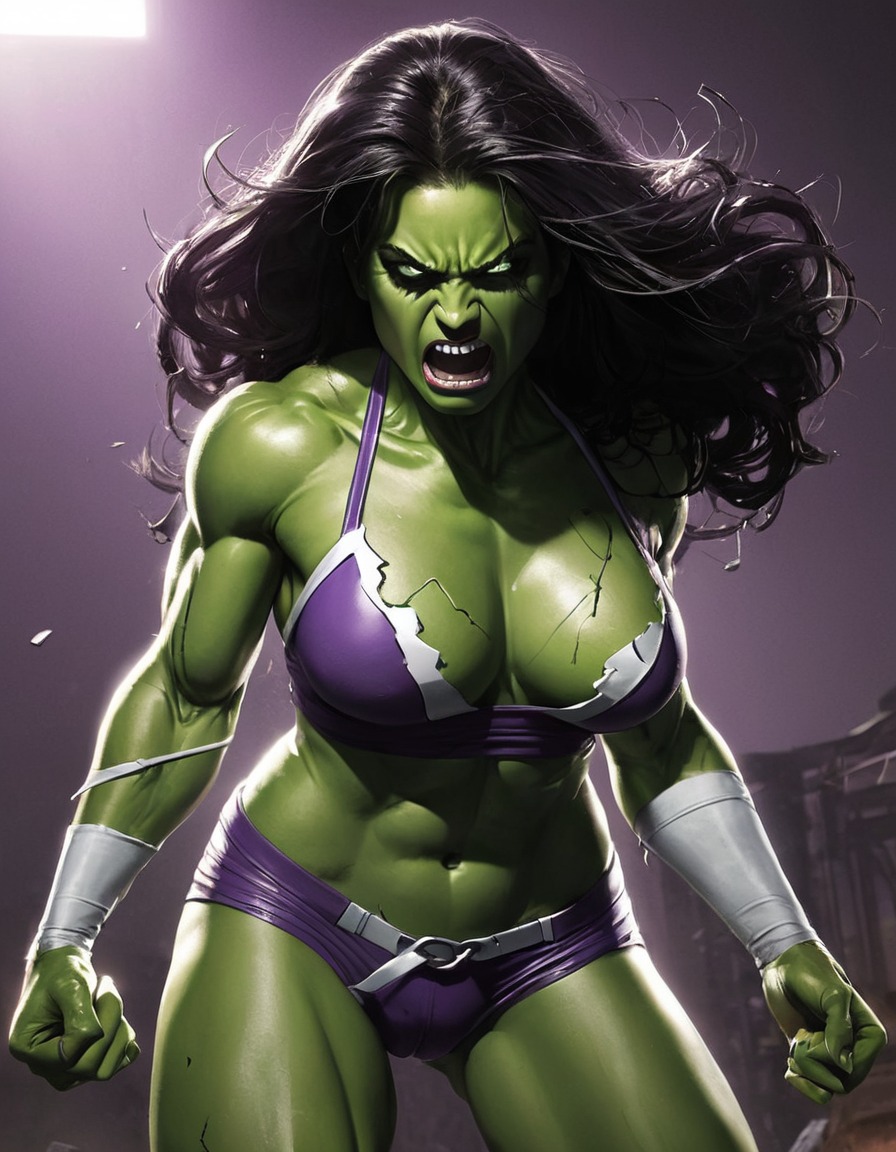 she-hulk, marvel comics, superhero, intense action, ripped clothes