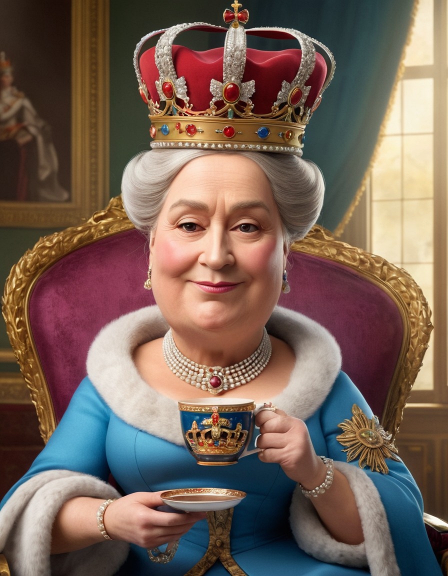 queen victoria, caricature, oversized crown, tea, humor, funny