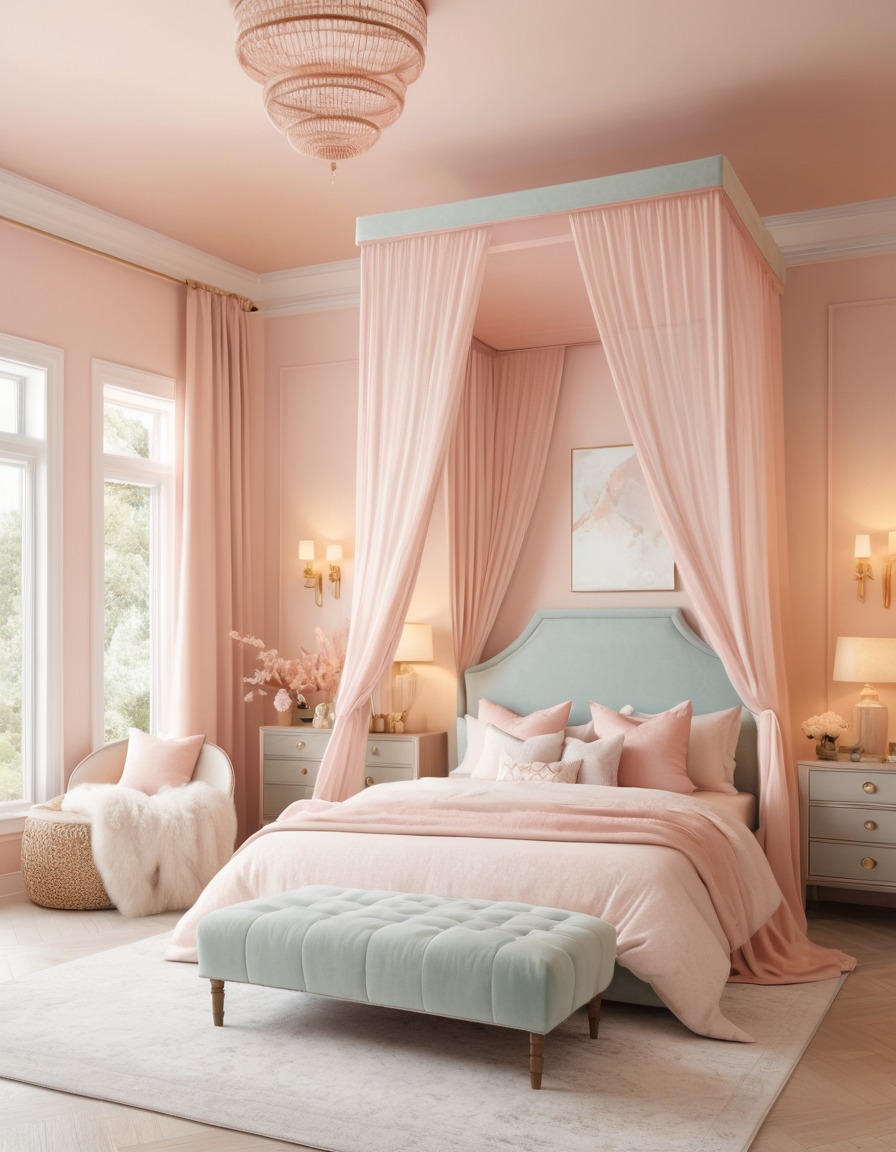 bedroom, peaceful, pastel colors, canopy bed, fluffy pillows, home, interior