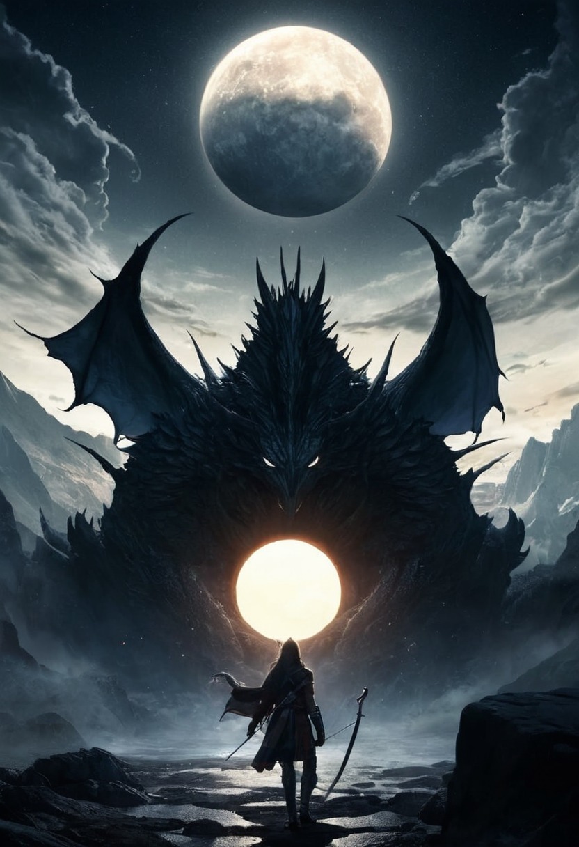 digitalart, characterdesign, warrior, fantasyart, digitalpainting, dragon, epic, darksky, dark_sun, total_solar_eclipse, ai_art, pixai