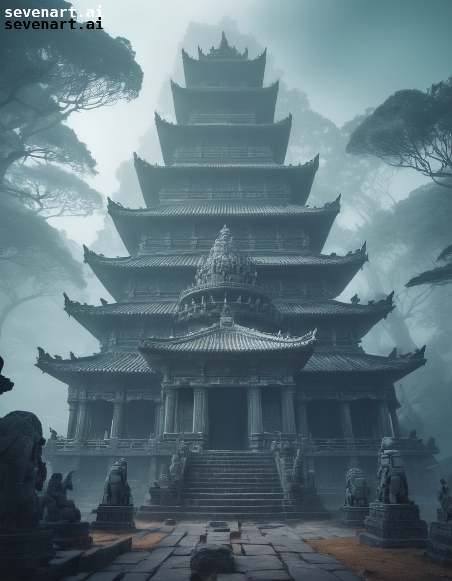 ancient, temple, mist, carvings, statues