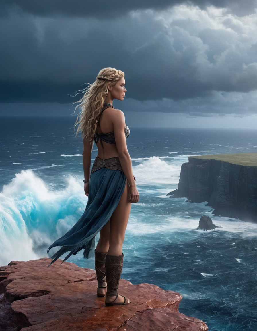 senua, character, video game, fantasy, cliff, stormy sea, games, girls from games