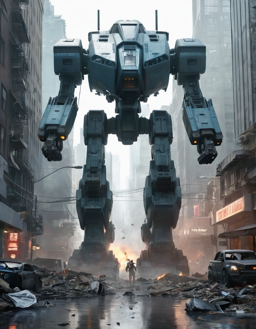 ed-209, robot, futuristic, cityscape, chaos, destruction, robots, games, movies