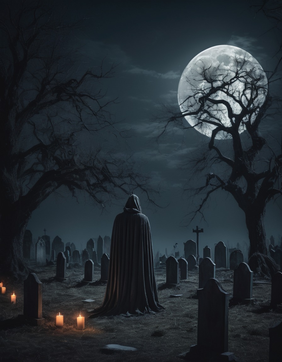 graveyard, moonlight, candles, figure, tattered cloak, gothic, underground, dark