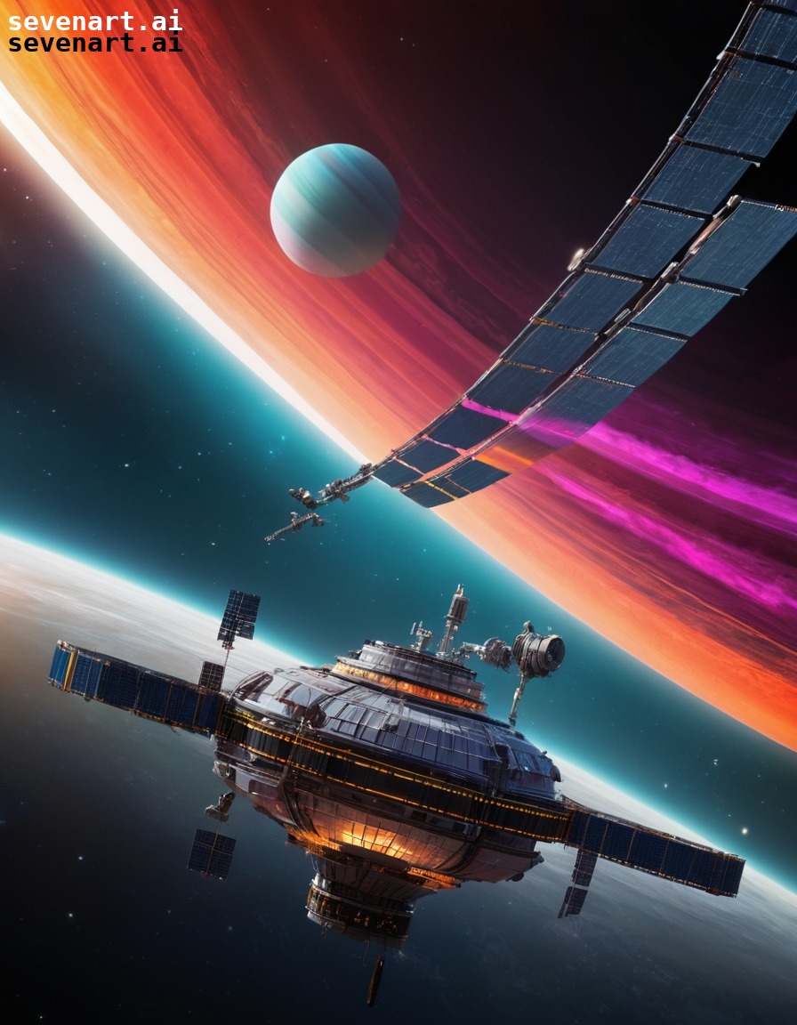 space station, gas giant, orbiting, colorful bands, outer space, space, stars