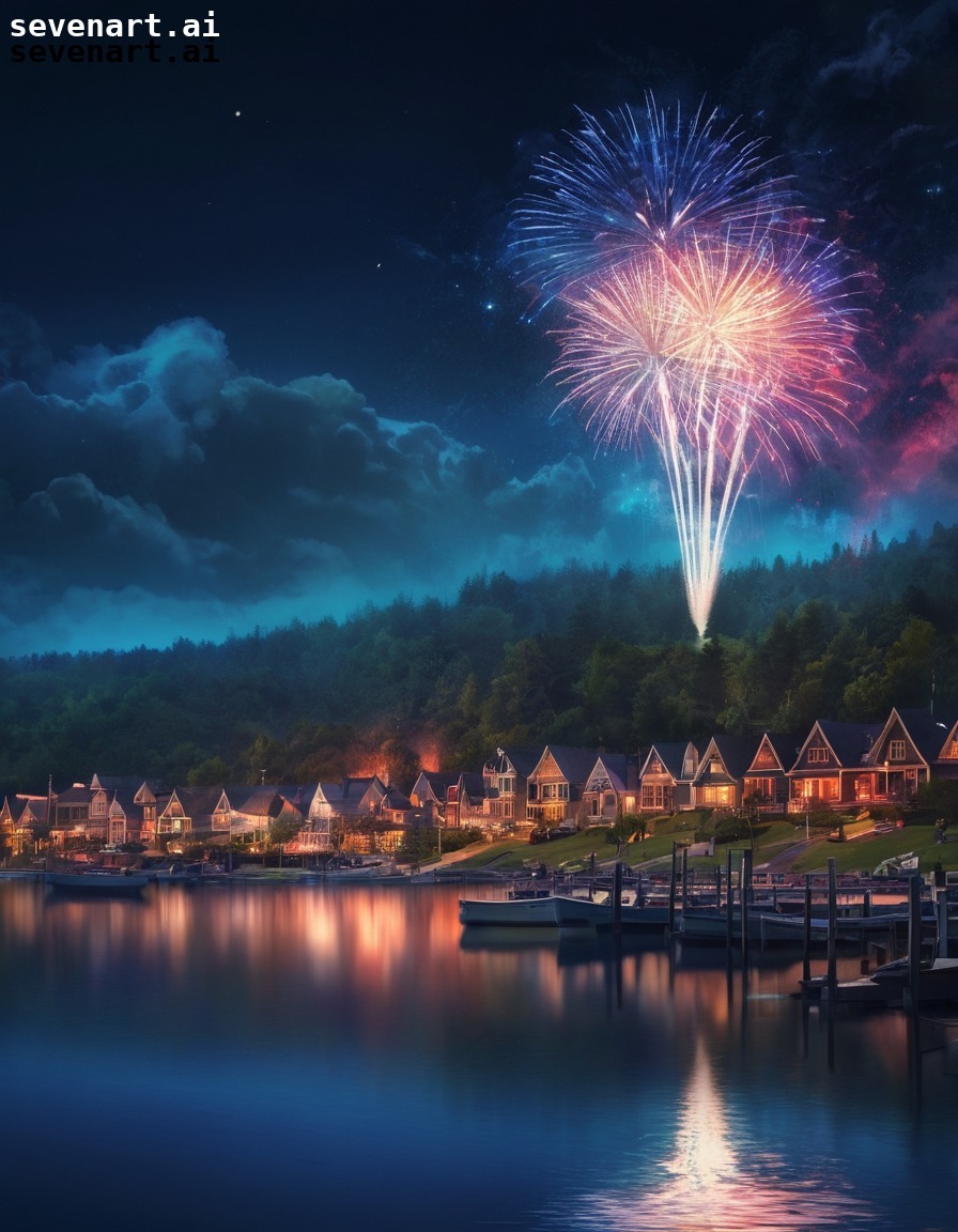 fireworks, celebration, fourth of july, night sky, lakeside town, usa