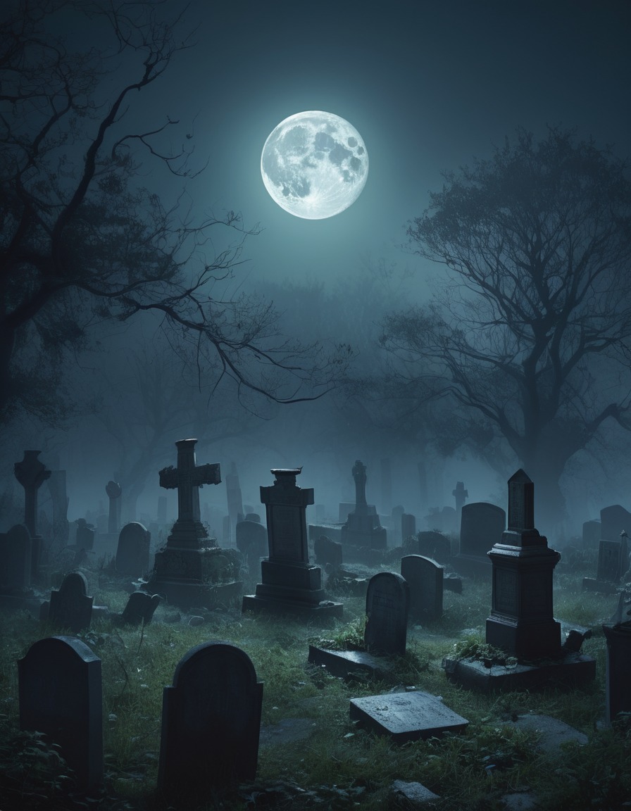 cemetery, fog, moonlight, crypts, tombstones, lovecraft, howard lovecraft