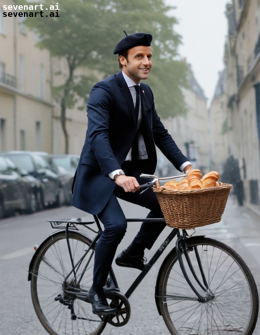 emmanuel macron, beret, bicycle, croissants, french culture, france