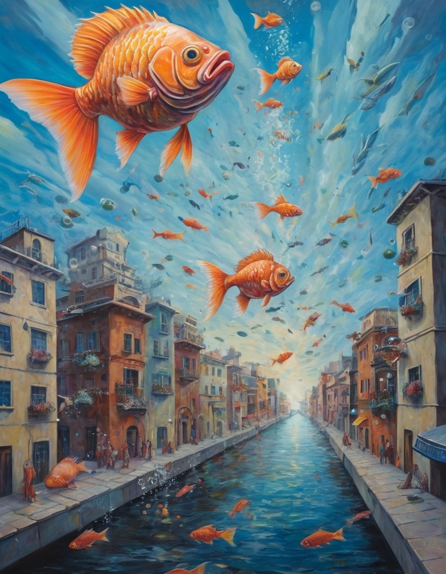 fish, urban, surreal, imaginative, fantasy, wildlife, cityscape