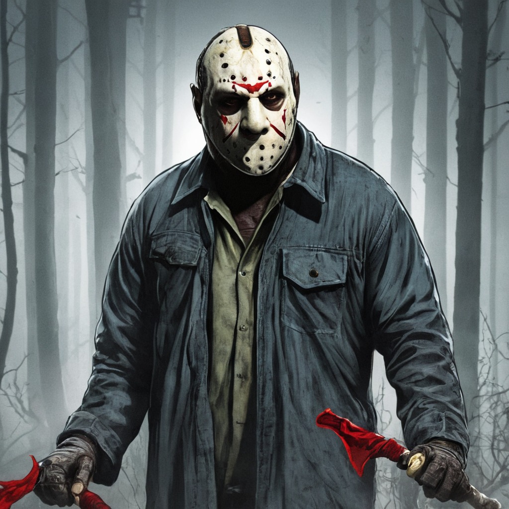 digitalart, fanart, videogamefanart, horror, dreamup, cartoon, characterdesign, portrait, movie, digitalpainting, illustrator, fridaythe13th, jason, killer, scary, scarycreepy, friday_the_13th, fridaythe13thjason, ai_art