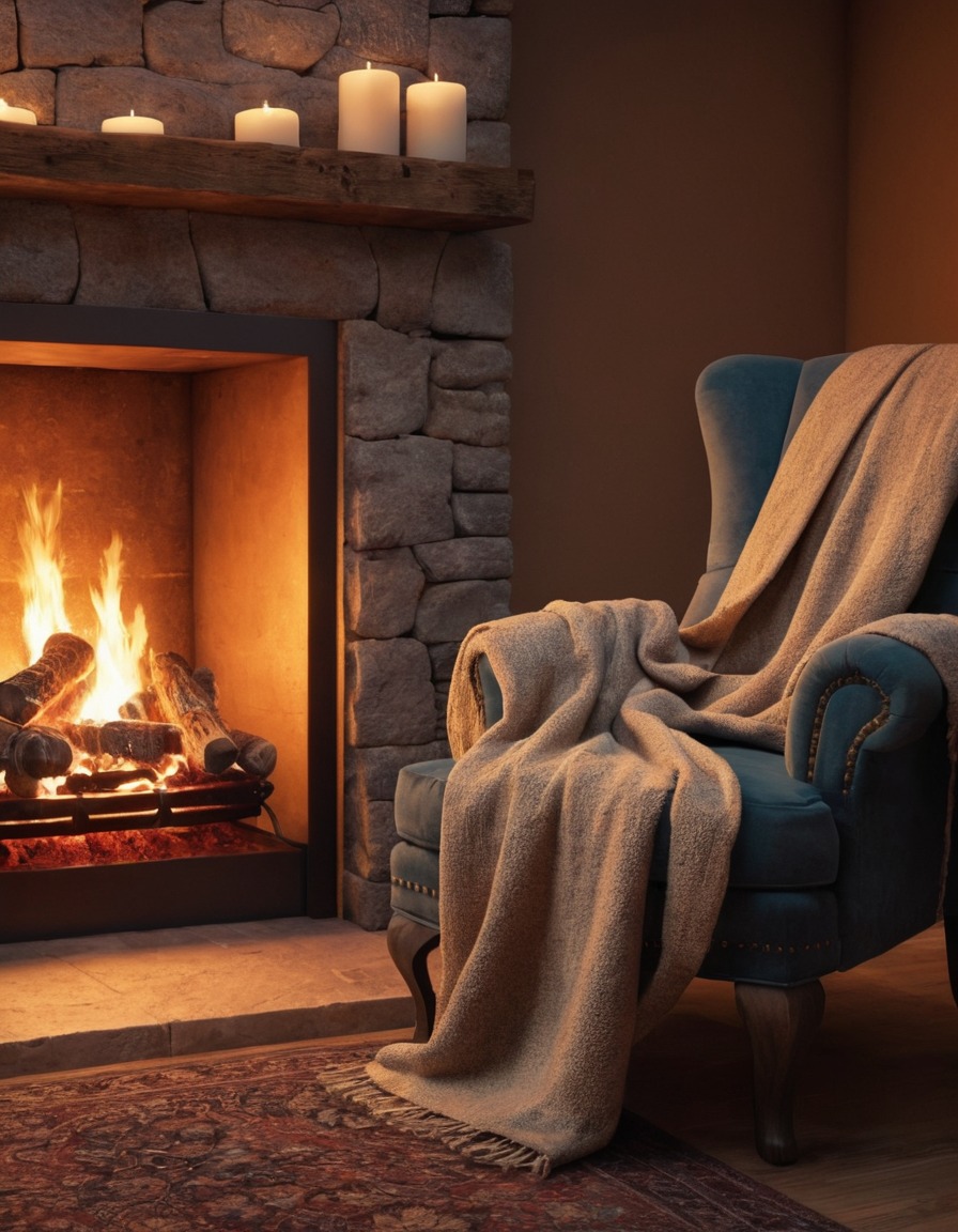 fireplace, cozy, armchair, blanket, home, interior