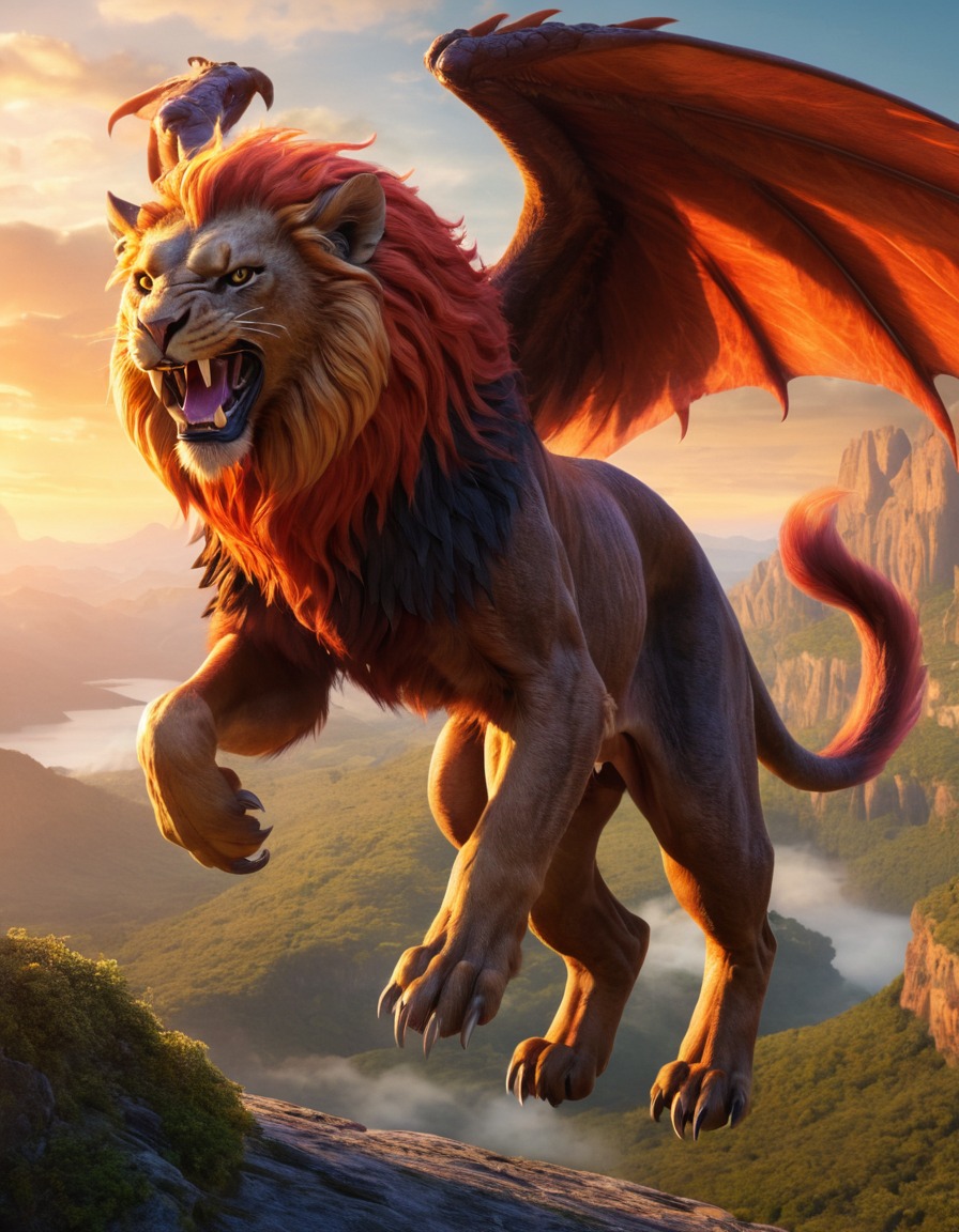 manticore, mythical creature, fantasy, landscape, flying