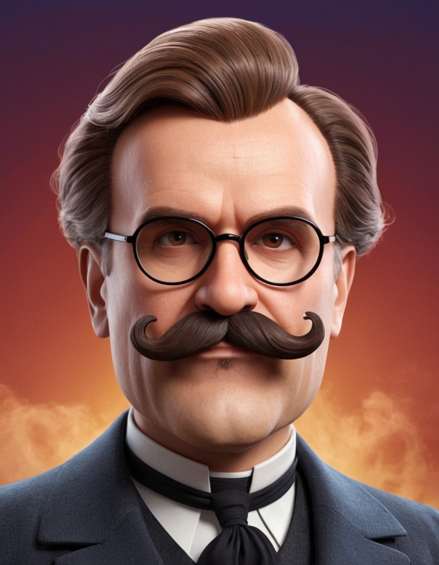 friedrich nietzsche, caricature, cartoon, oversized glasses, mustache, funny