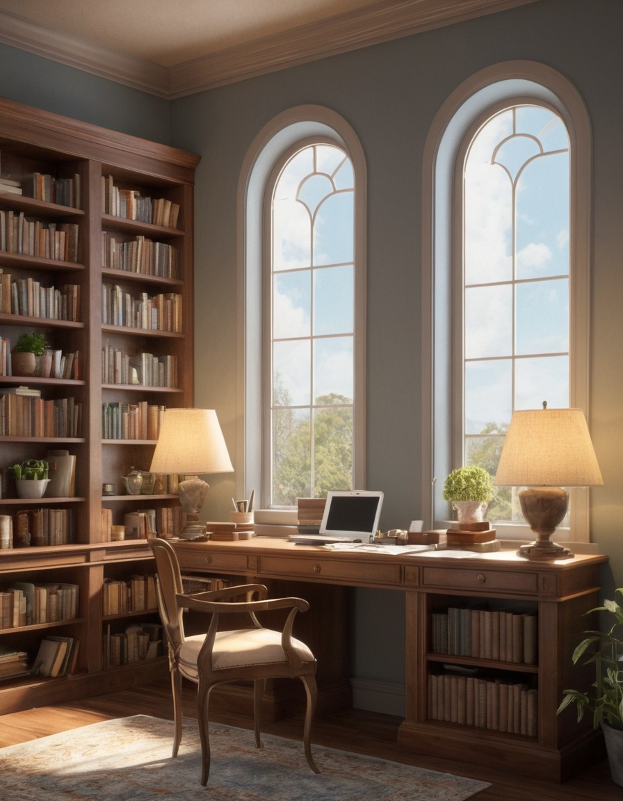 cozy, study, desk, shelves, books, window seat, home, interior