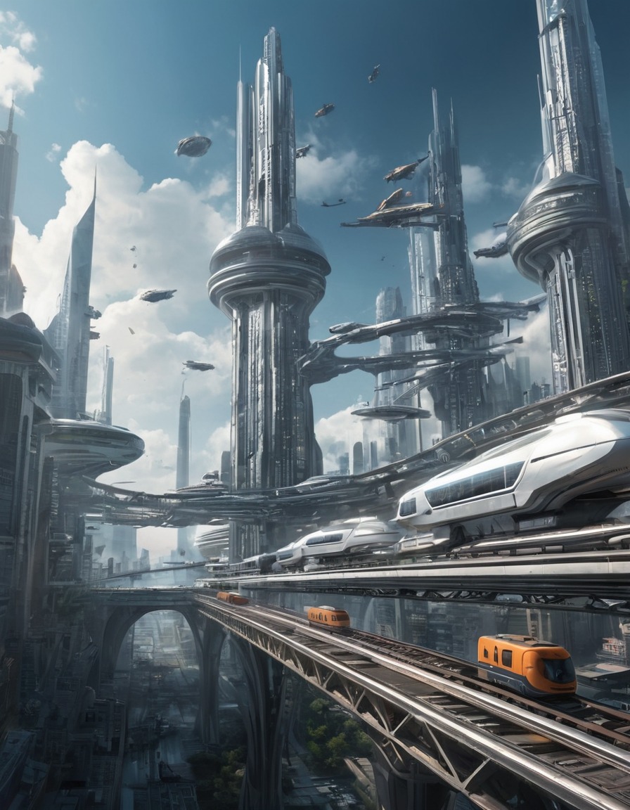 futuristic, cityscape, skyscrapers, hovertrains, skybridges, future