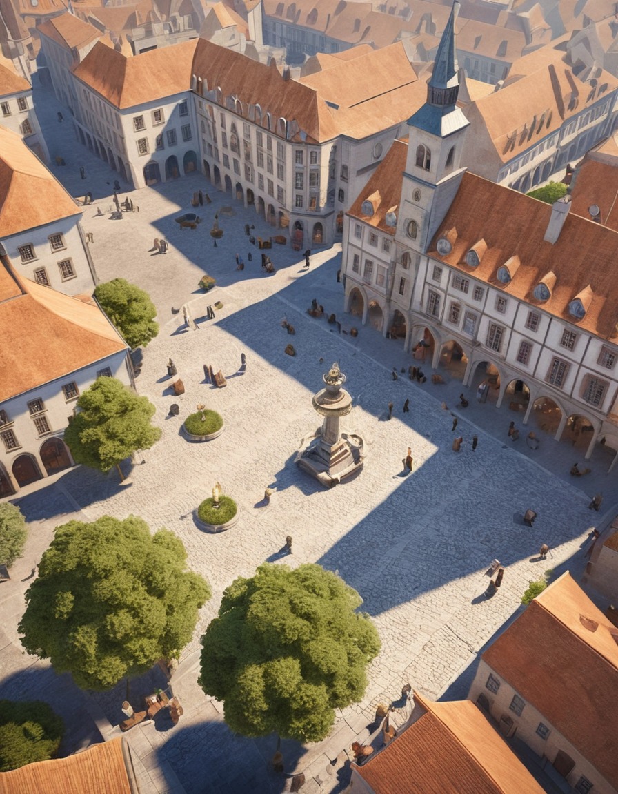 architecture, town square, romanesque style, cobblestone courtyard, aerial view