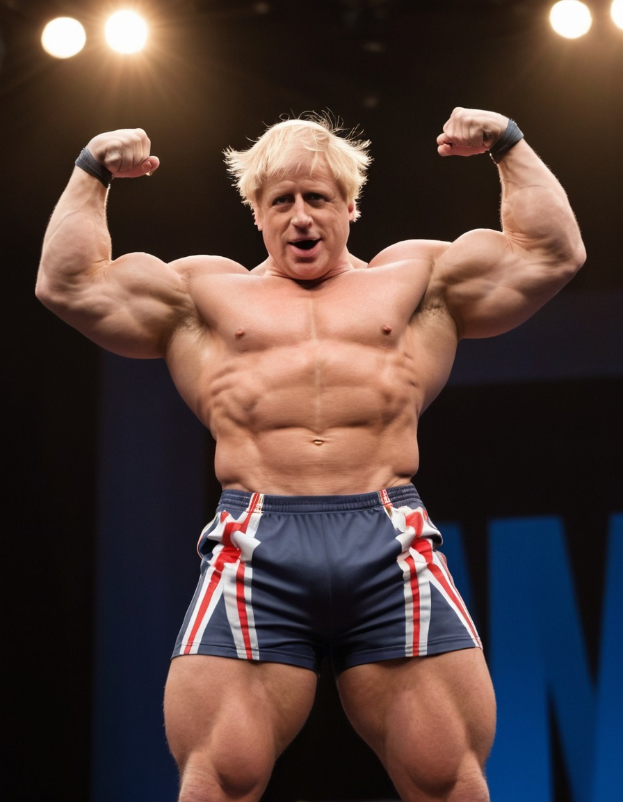 politics, boris johnson, bodybuilder, flexing, stage, leadership, united kingdom