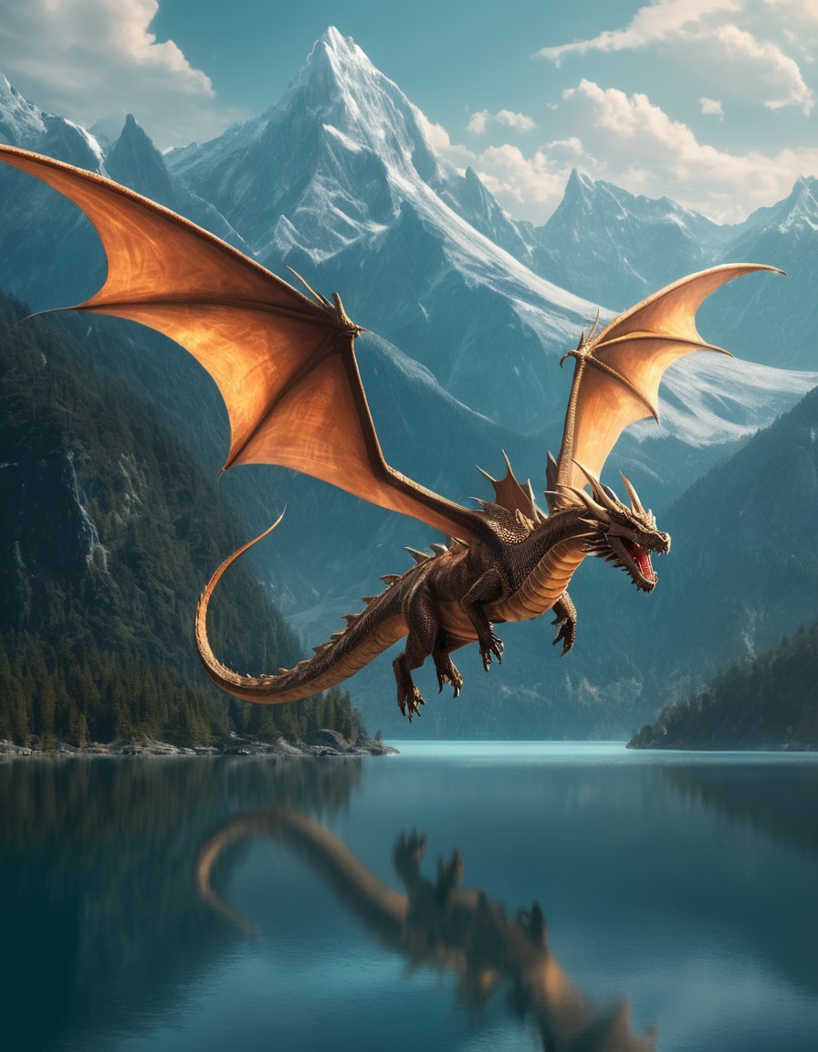 fantasy, dragon, lake, mountains, flying, fantastic