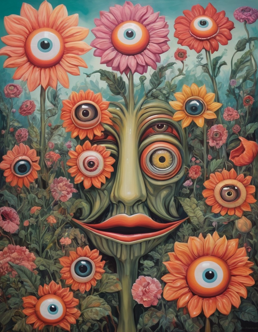 fantasy, surrealism, oversized flowers, personification, surreal