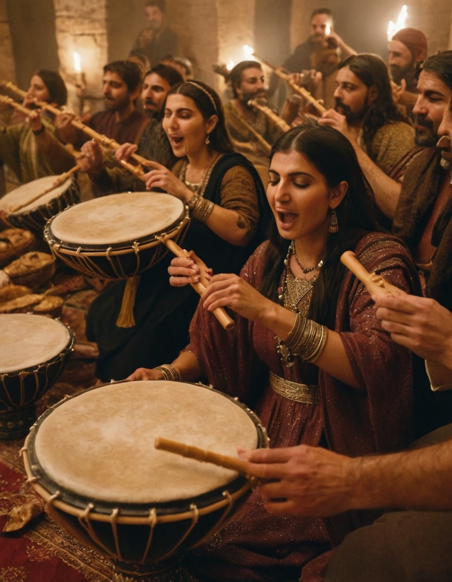 ancient musicians, tambourines, flutes, feast, ancient persia, 400 bc