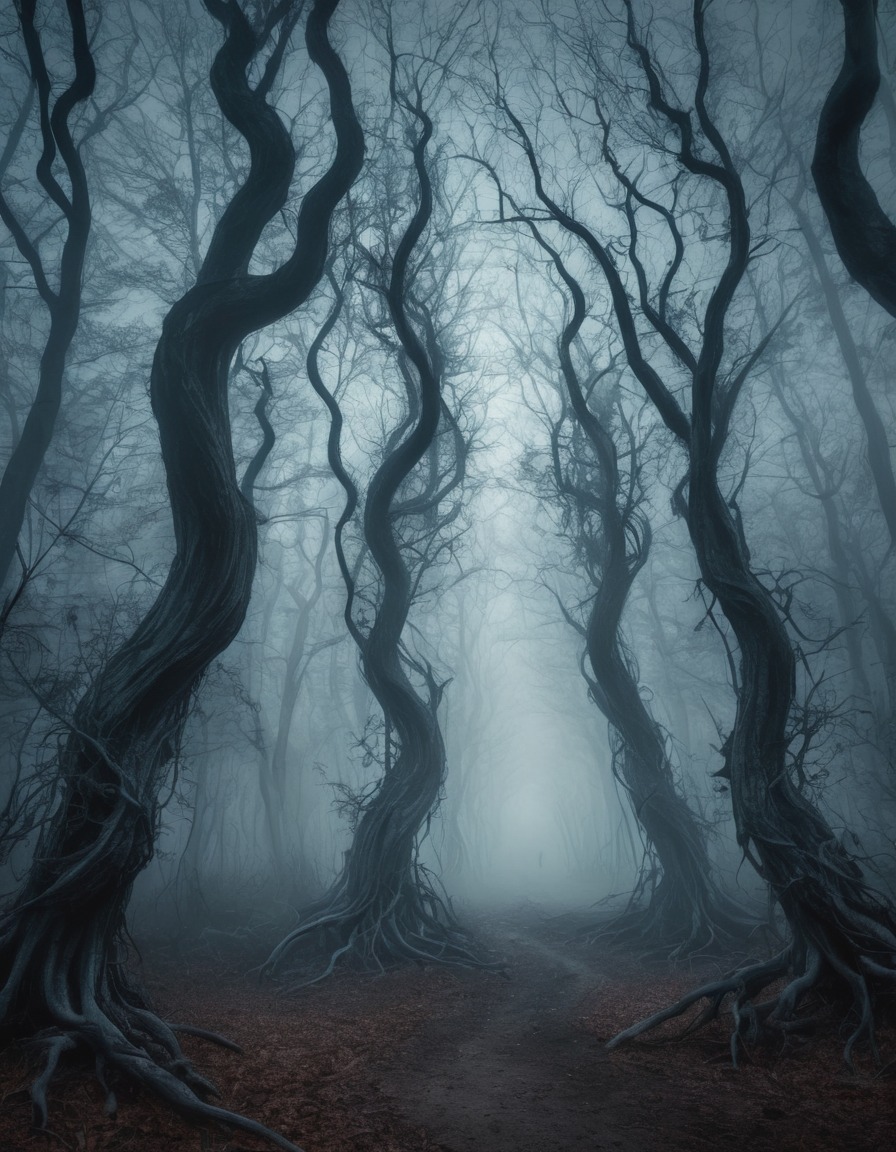 haunted, forest, fog, spooky, twisted trees, glowing eyes, gothic, underground, dark