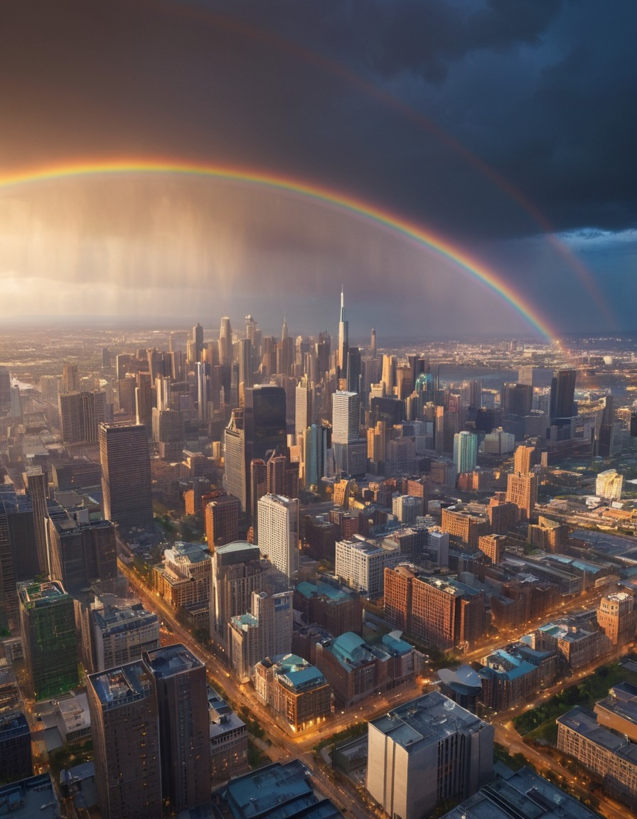 cityscape, rainbow, skyline, passing storm, nature, city