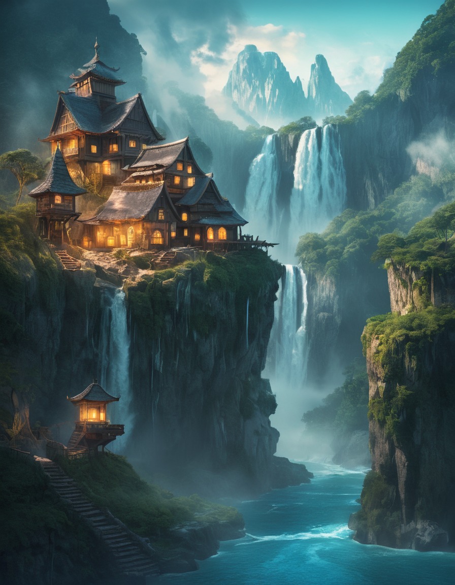 village, waterfall, mystical, landscape, picturesque, fantastic