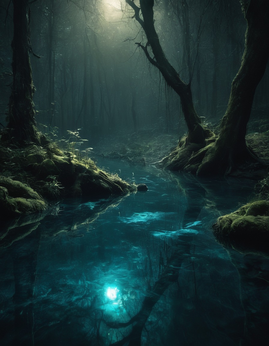 mystical, water, forest, hidden, clearing