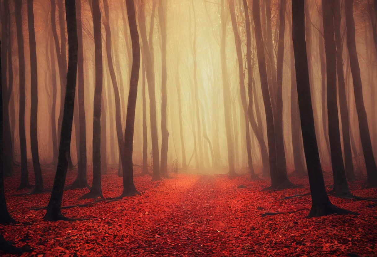 autumn, fall, fog, forest, landscape, light, mist, nature, outdoor, trees, woods