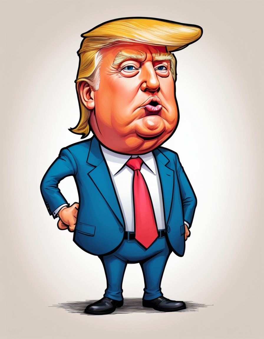 caricature, donald trump, whimsical, exaggerated, vibrant colors, humorous twist, politics