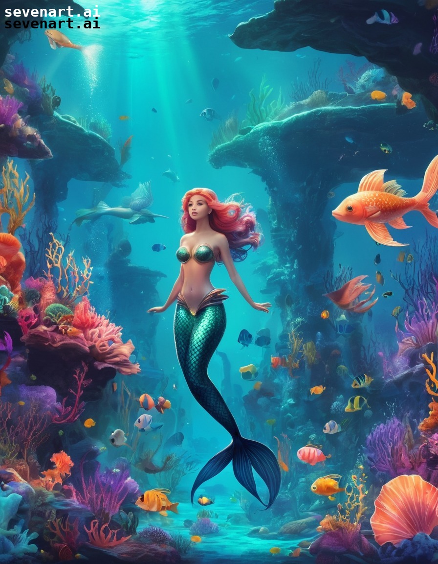 fantasy, underwater, mermaids, sea creatures, vibrant