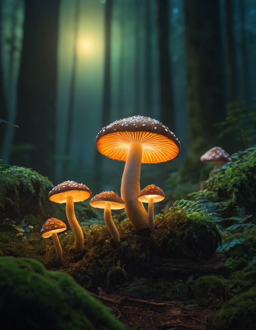 enchanted forest, glowing mushrooms, night sky, fantasy scene, magical atmosphere, bioluminescence, nature's beauty