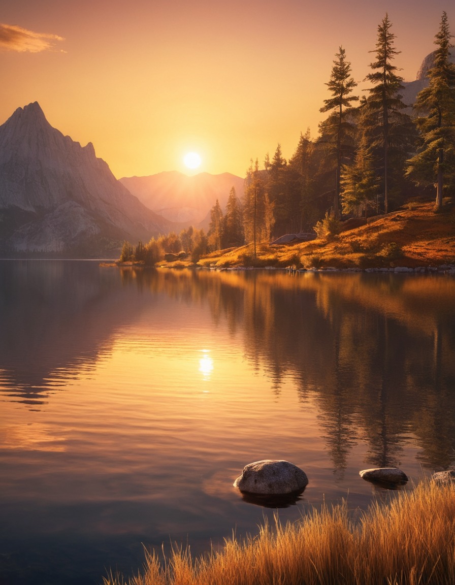 sunset, golden hue, tranquil lake