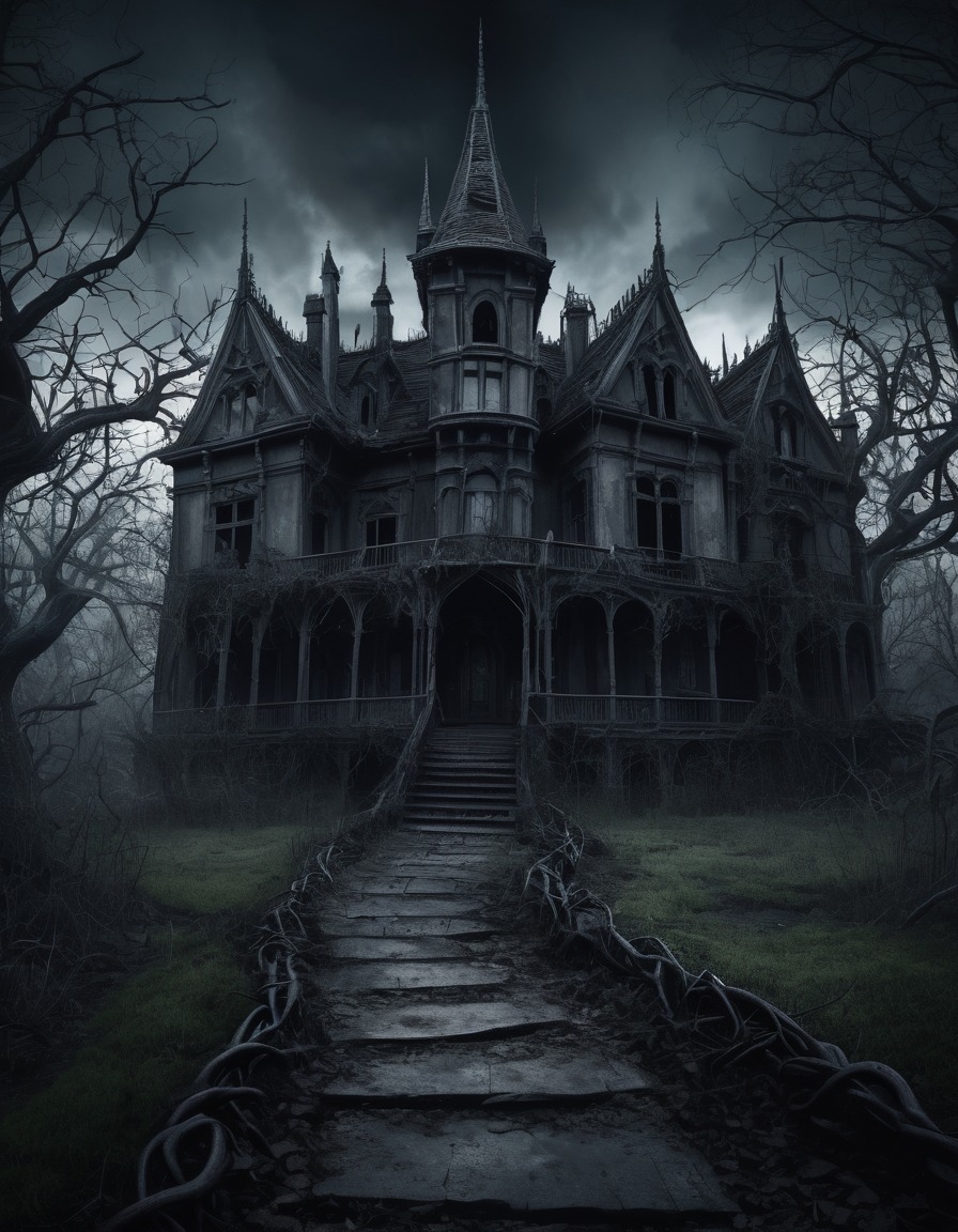 dark, gothic, mansion, twisted path, thorn-covered, dilapidated, mystery, underground