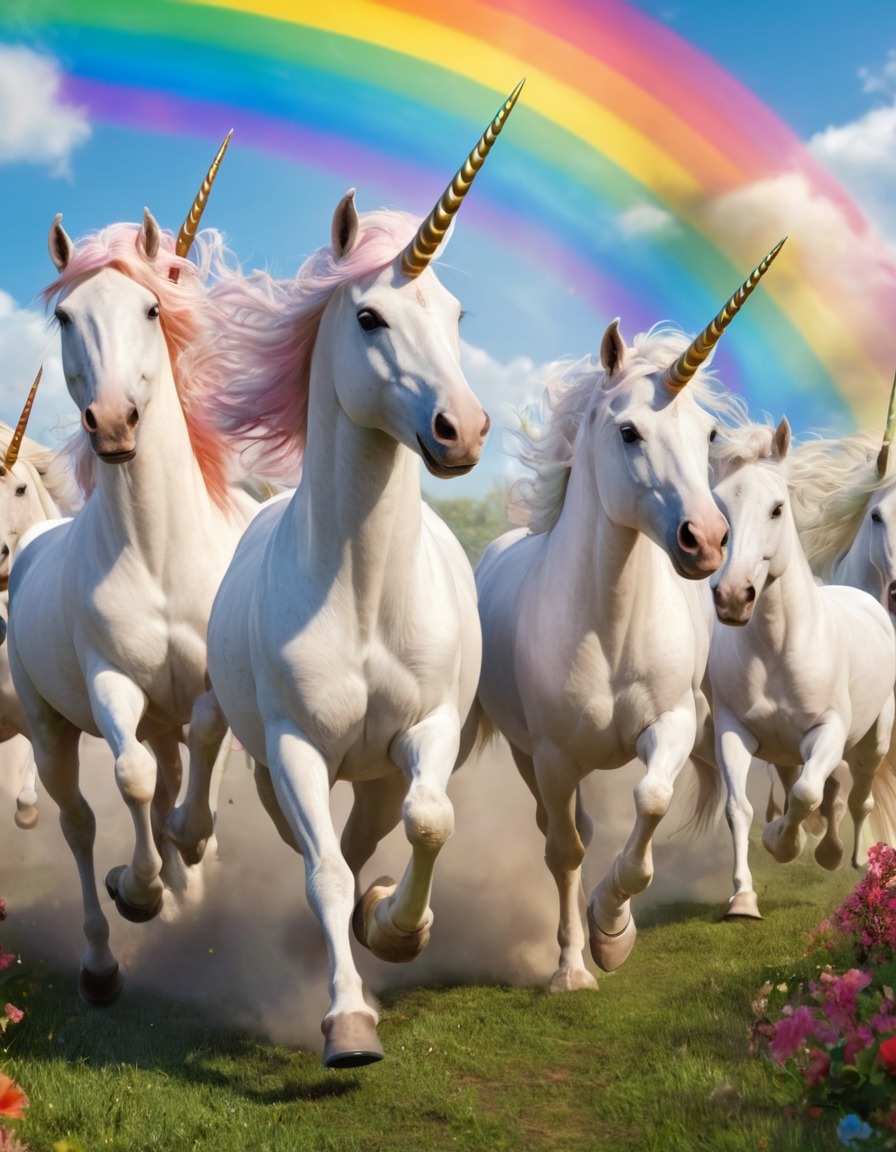 unicorns, herd, rainbow, galloping, fantasy, mystical creatures