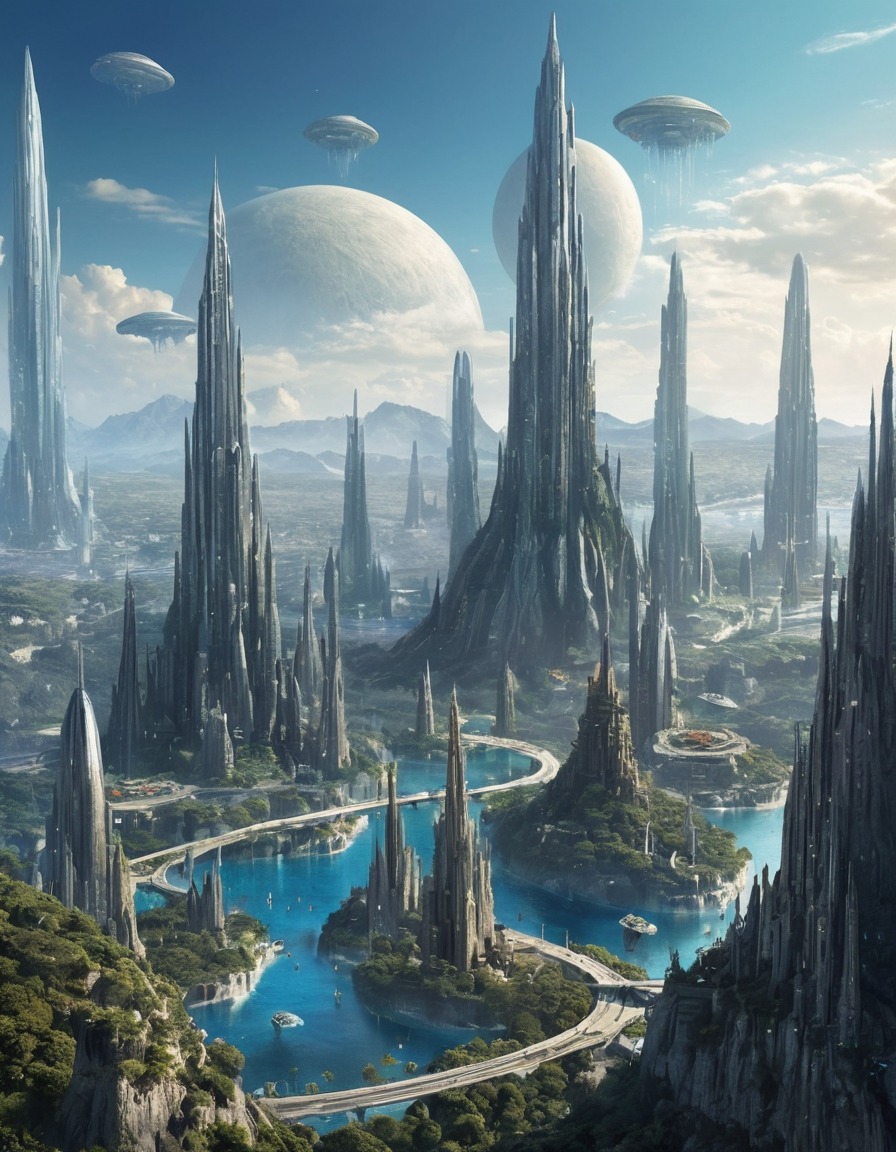 alien city, extraterrestrial, crystalline structures, futuristic architecture, aliens