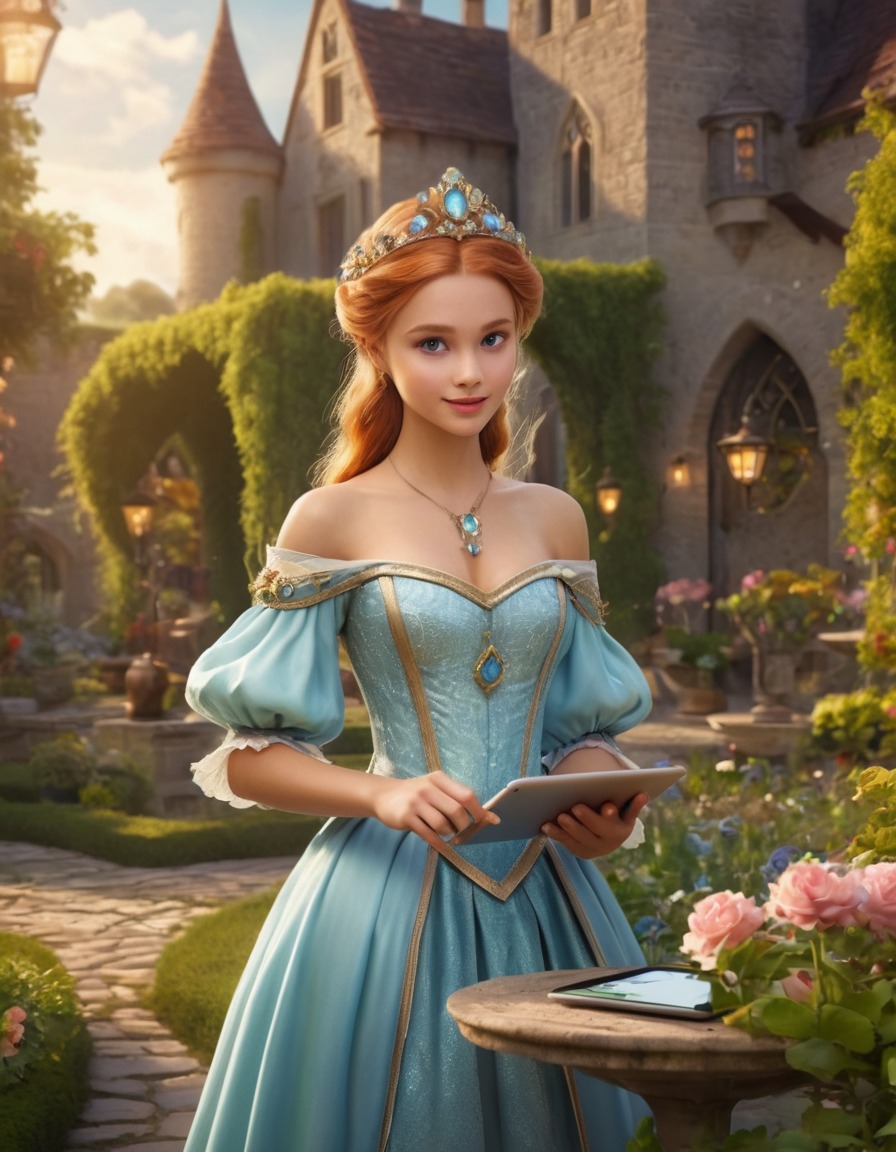 smartwatch, tablet, fairy-tale princess, medieval garden, medieval, art