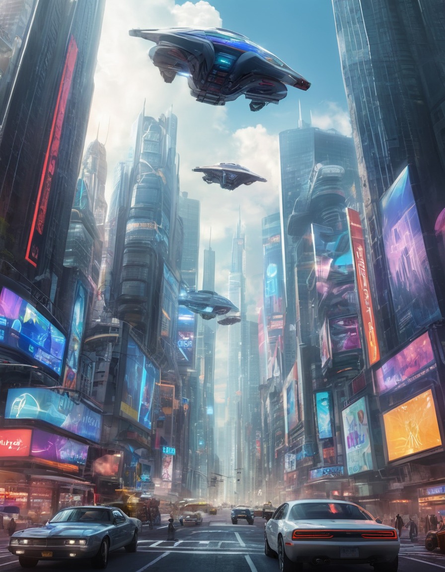 futuristic, metropolis, skyscrapers, flying cars, holographic ads, future