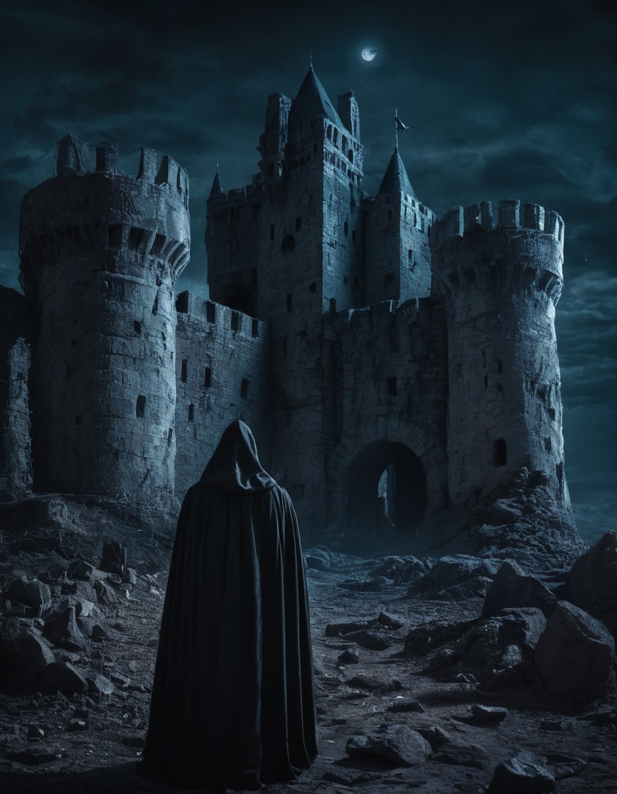 mysterious, cloaked figure, castle, night, fantasy, gothic, underground, dark